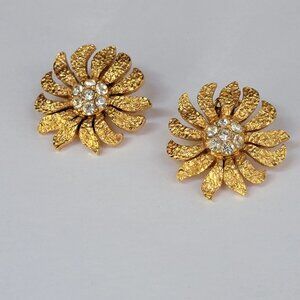 Vintage Signed Bergere Clip on Earrings -Flower Design with Clear Rhinestones